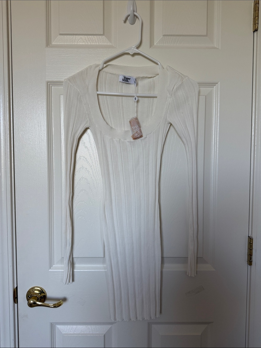 Tiger Mist Cream Ribbed Scoop-Neck Long Sleeve Bodycon Dress